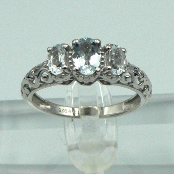 Sz 8 Genuine Espirito Santo Aquamarine 3 Stone Ring - Picture 1 of 6